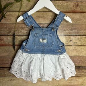 Oshkosh B’gosh Denim White Eyelet Overall Dress Baby Girls Size 6 Months